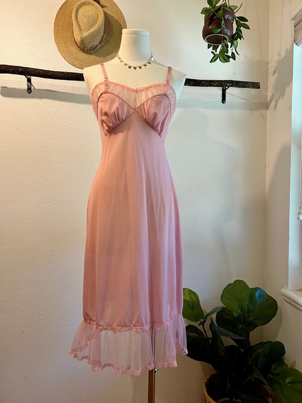 Vintage Pink Semi Sheer Ruffled Tank Slip Dress Midi Size Small